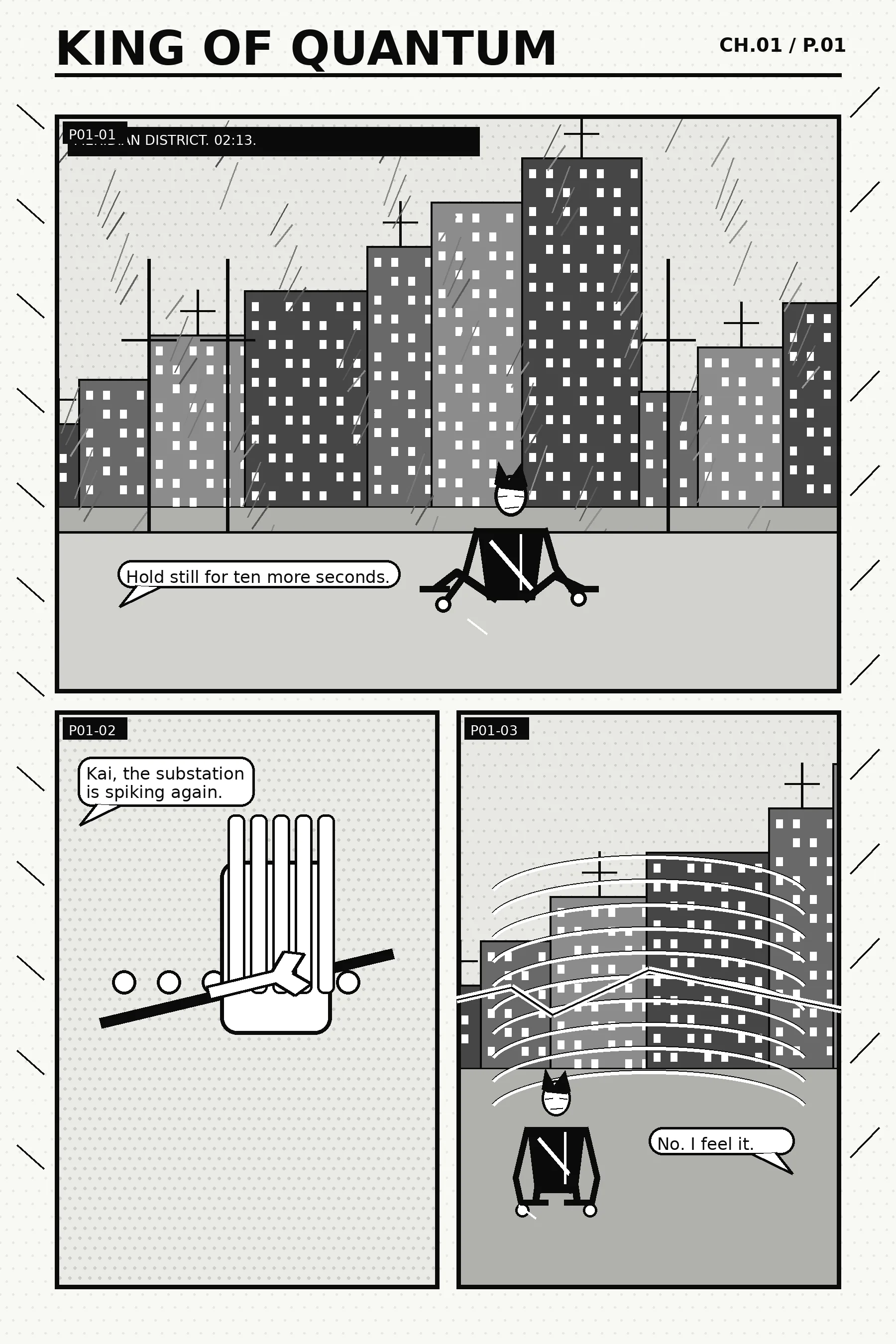 King of Quantum V22, Seite 1: Kai repariert nachts im Regen eine Dachantenne ueber dem Meridian District, Funkspruch: die Substation schlaegt wieder aus.