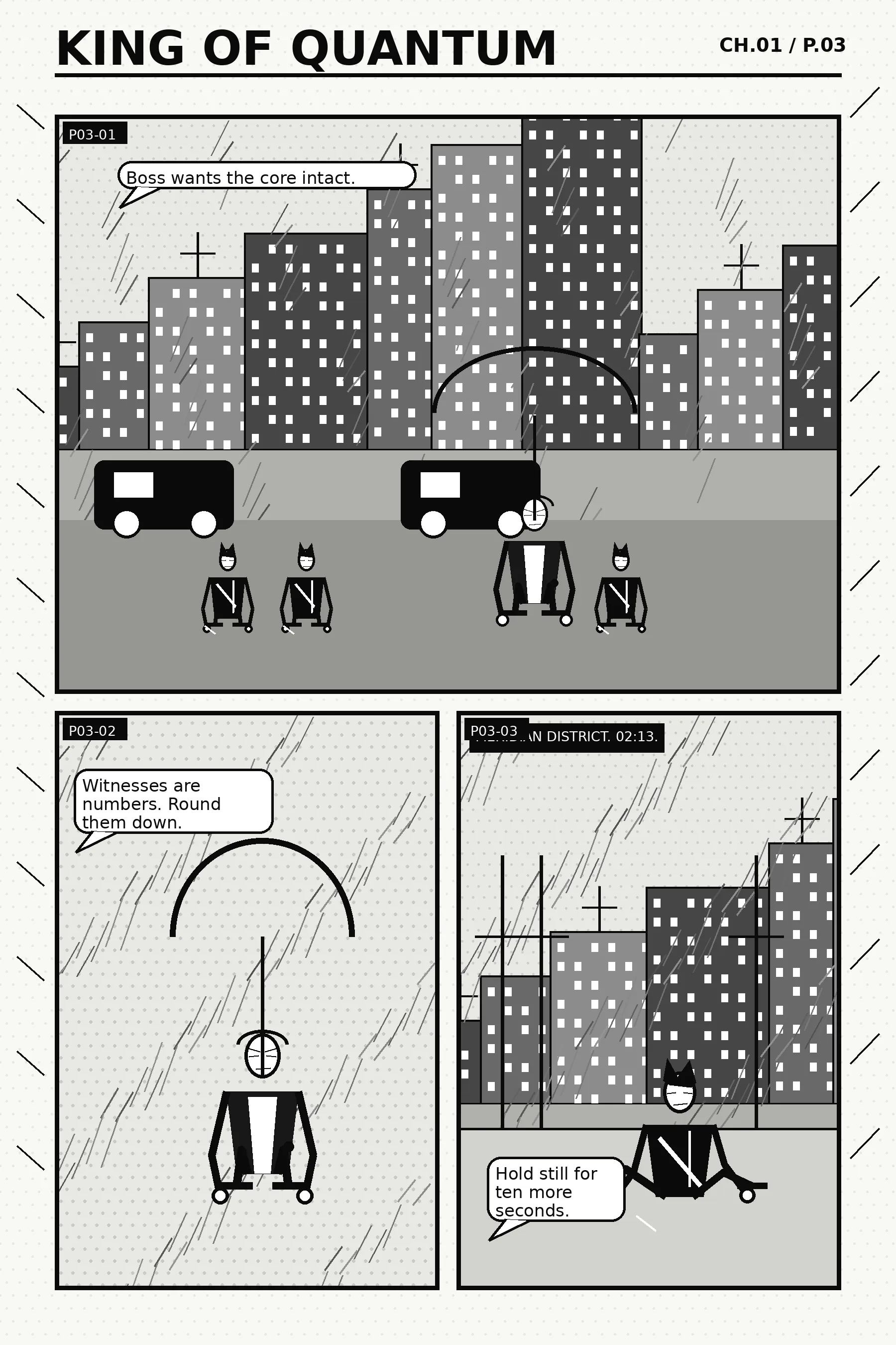 King of Quantum V22, Seite 3: Black-Ledger-Trupps sichern die Strasse im Regen, Boss Nox Karter gibt unter dem Schirm einen kalten Befehl, Kai beobachtet vom Dach.