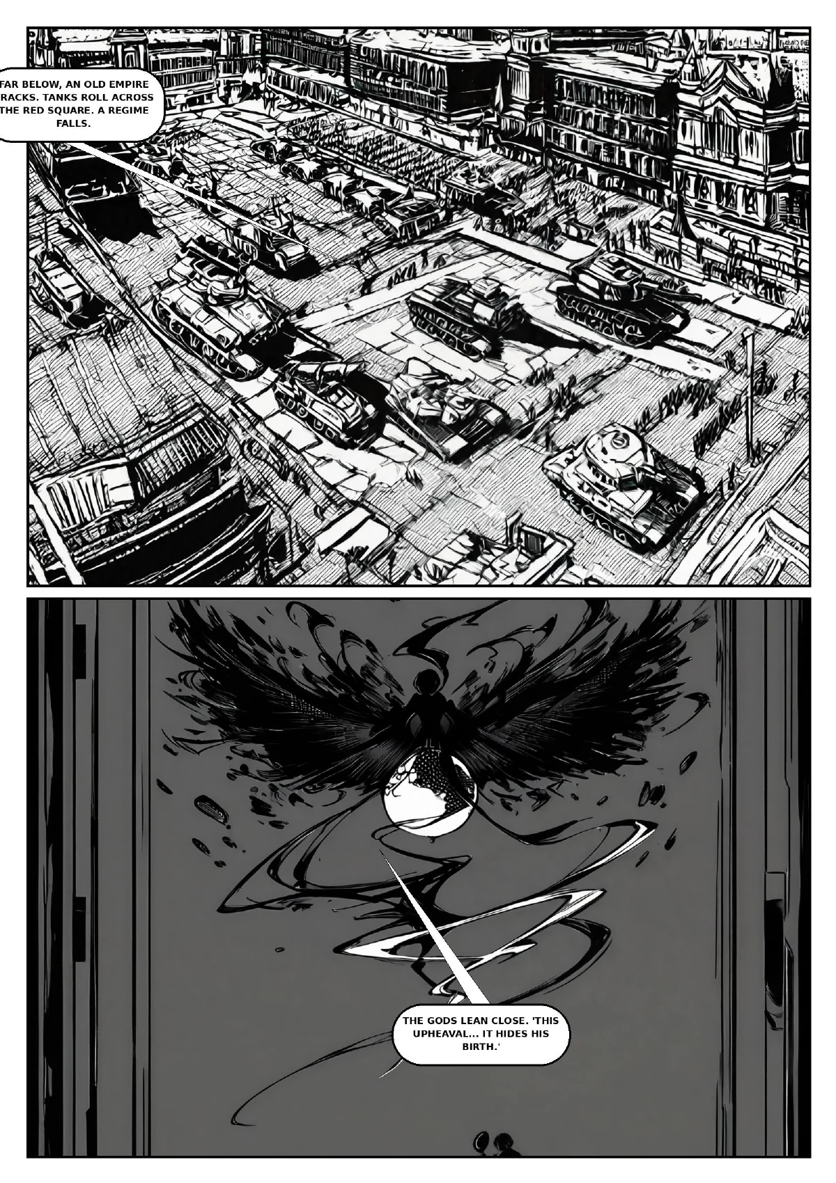 King of Quantum – Parliament of the Gods, Seite 4 von 15 (Schwarz-Weiß-Manga, englischer Text).