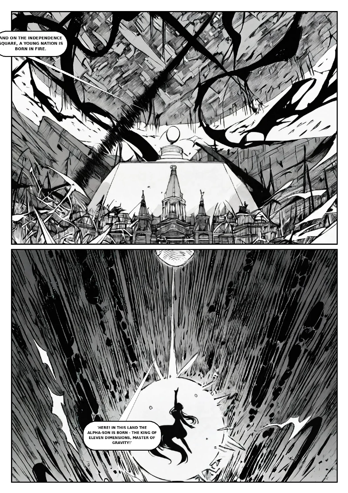 King of Quantum – Parliament of the Gods, Seite 5 von 15 (Schwarz-Weiß-Manga, englischer Text).